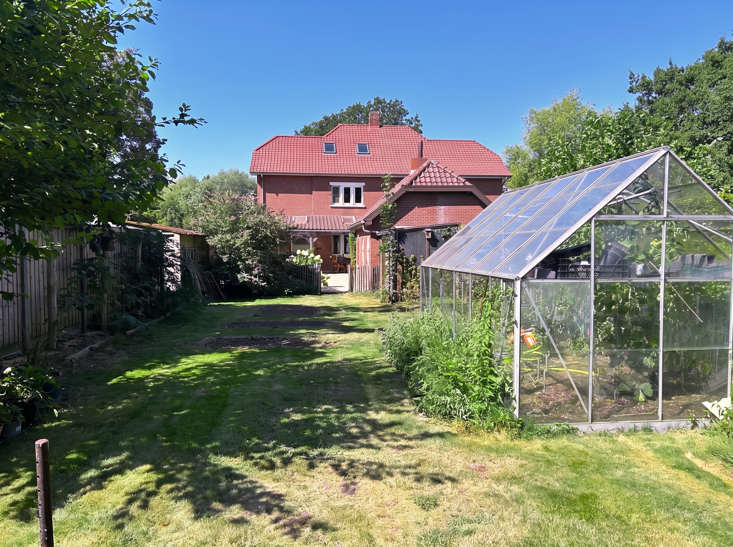 Achtertuin met serre en gazon